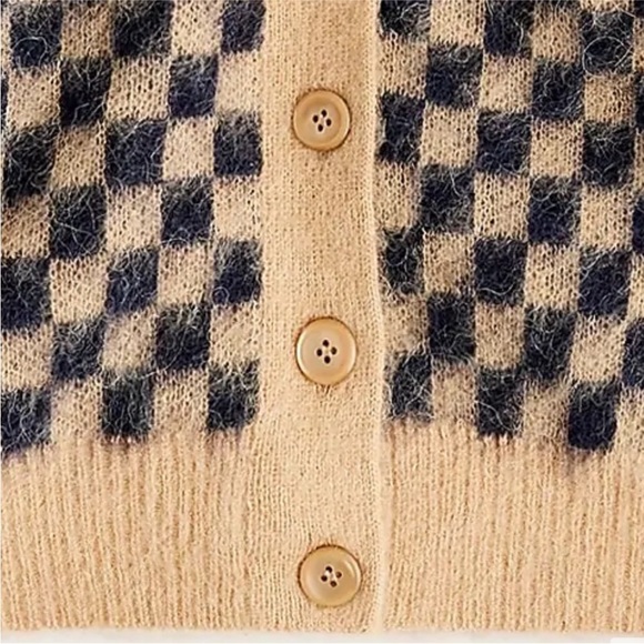NWT J Crew Checkered V Neck Cardigan Sweater, Brushed Yarn Navy and Camel - M - Picture 4 of 4